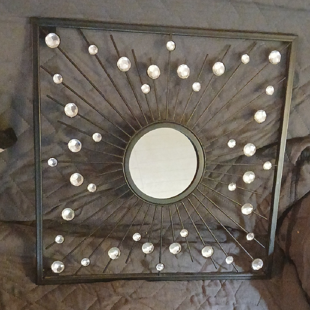 Elegant Black Iron and Crystal Sunbursts Wall Mirror